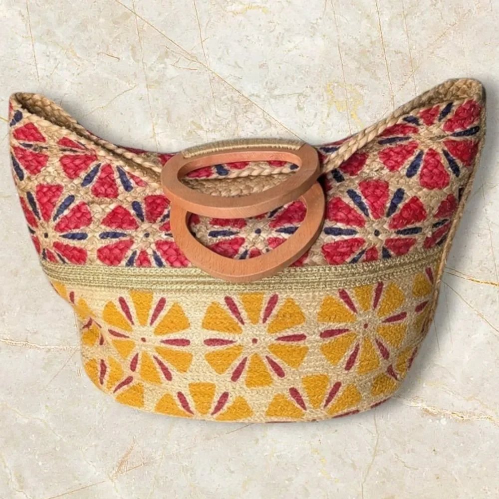 ANTIK KRAFT Jute Abstract Floral Gold Embellished Wood Handled Large Tote Bag
